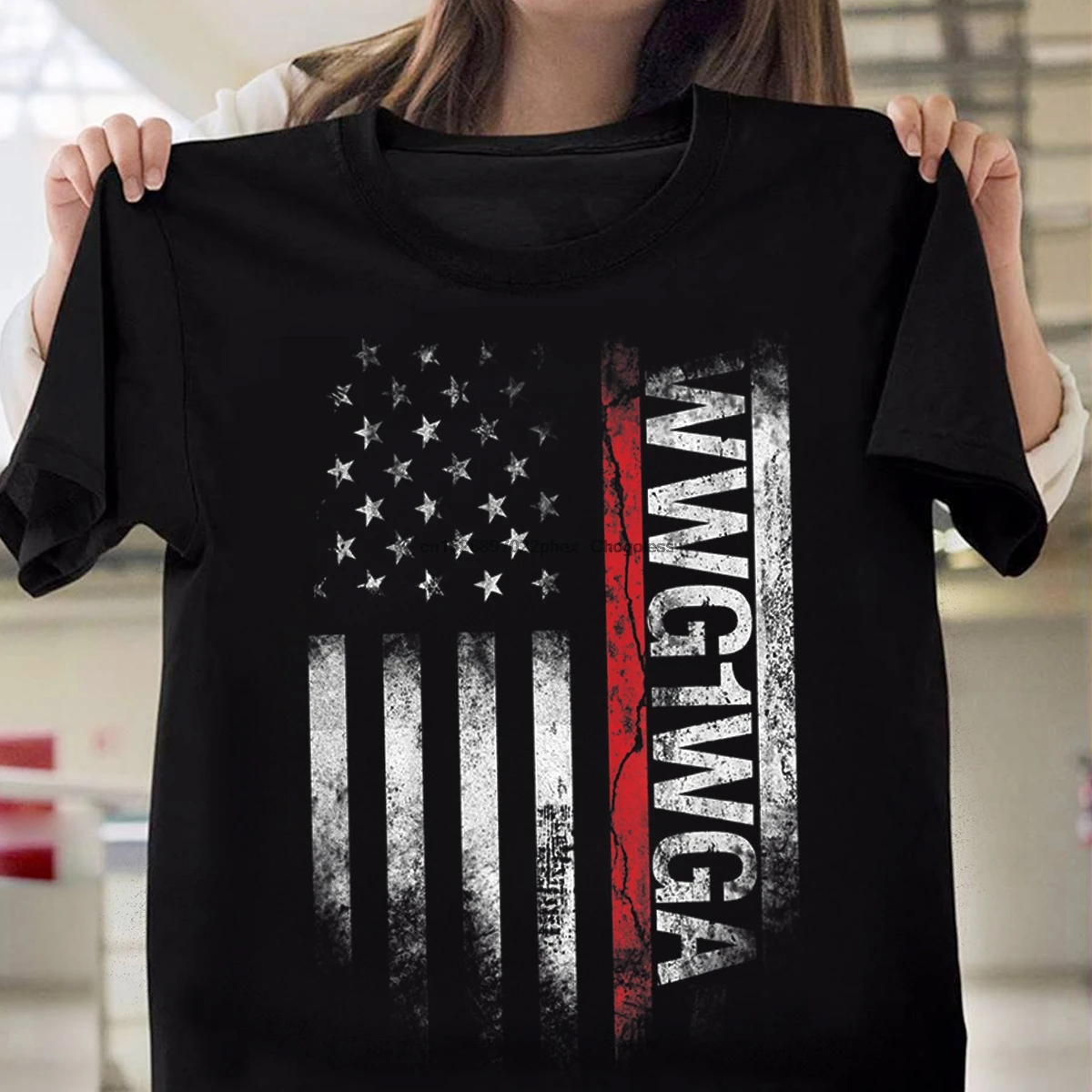 

Q Anon WWG1WGA Where We Go One We Go All Qanon US Flag Funny Gift Black T-Shirt