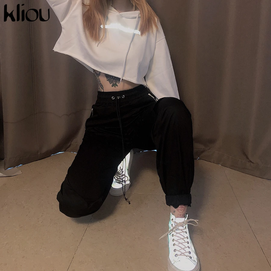 Kliou женские брюки карго высокого качества брюки до щиколотки мягкие Harajuku женские s карманы на молнии повседневные универсальные Осенние новые