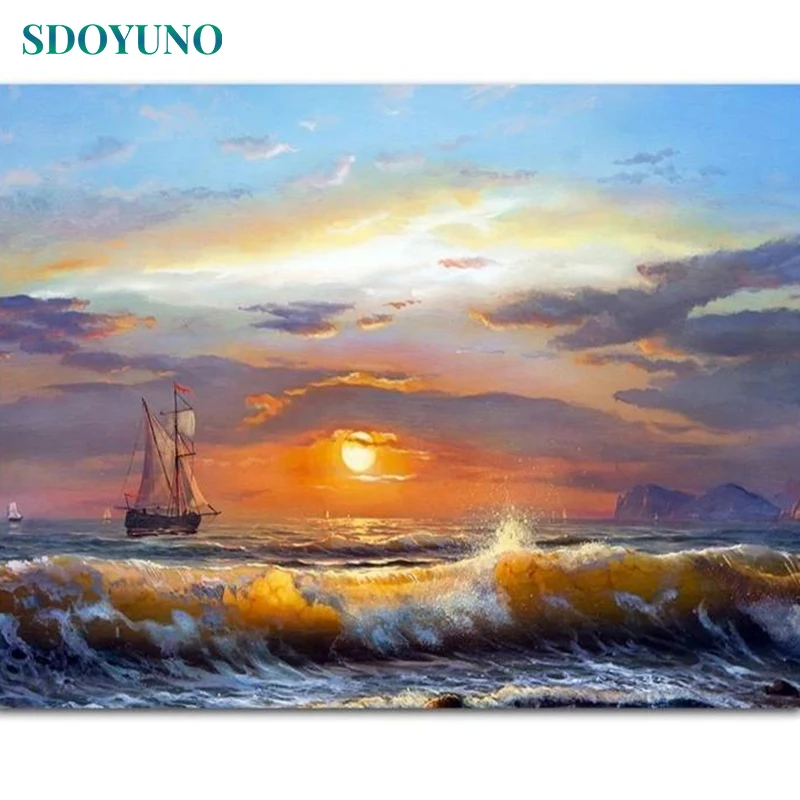 

SDOYUNO Seascape Oil Paint By Numbers Kits Scenery Painting By Numbers On Canvas Frameless 60x75cm Handpaint DIY Home Decor