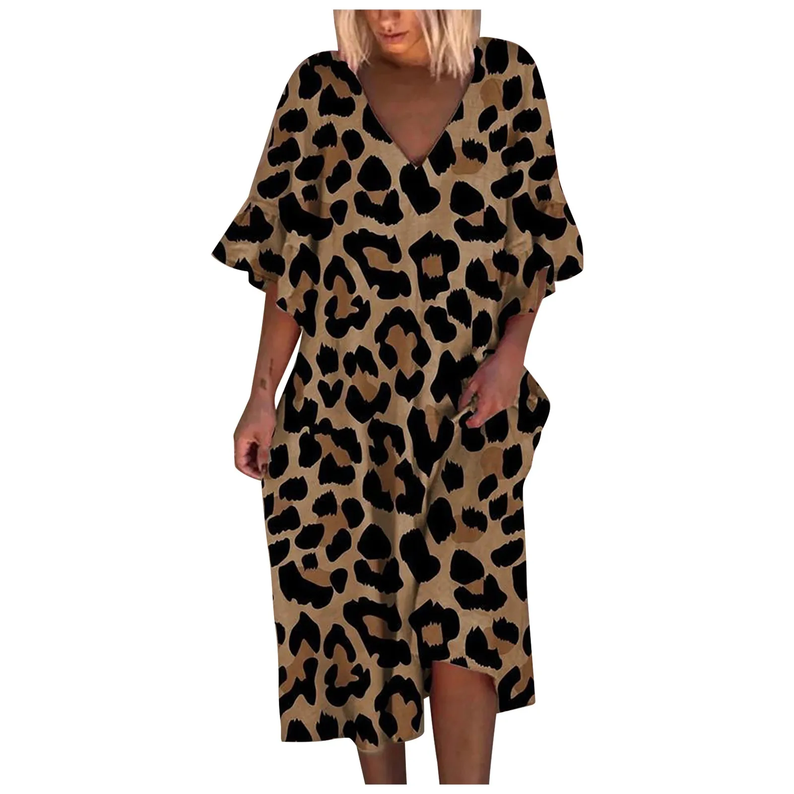 Женское леопардовое платье с коротким рукавом и V образным вырезом|Женские