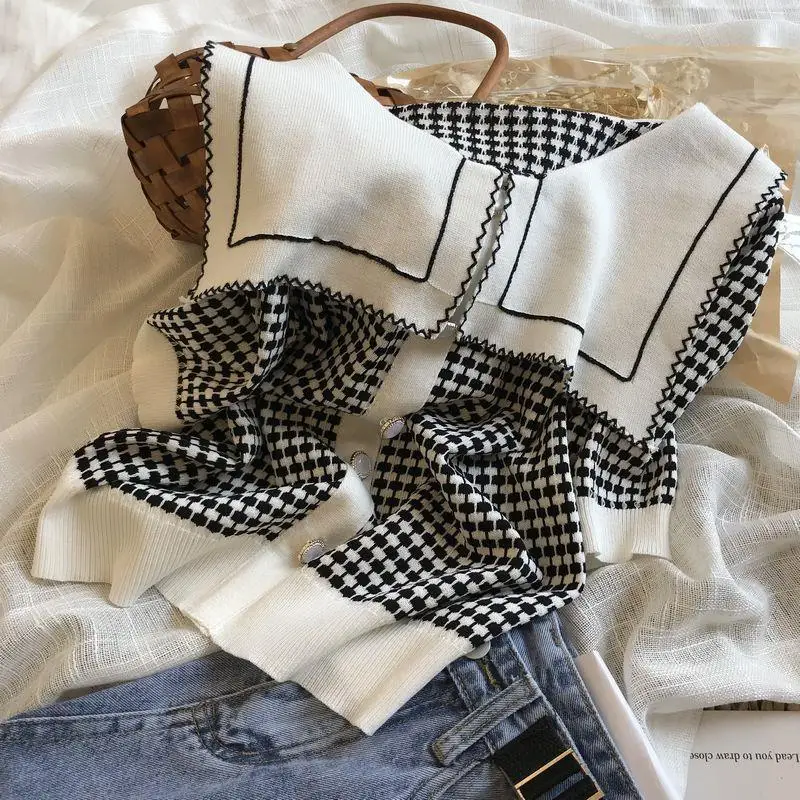 

Новинка лета 2021, модная женская одежда, однобортная клетчатая жаккардовая женская футболка в Корейском стиле с темно-синим воротником и кор...