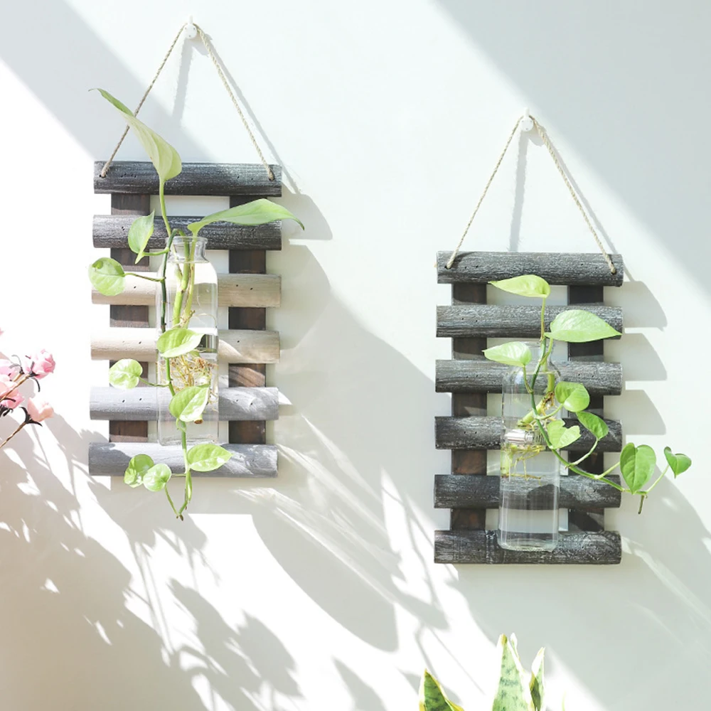 Ретро деревянный контейнер для растений подвесной стеклянный цветок ваза