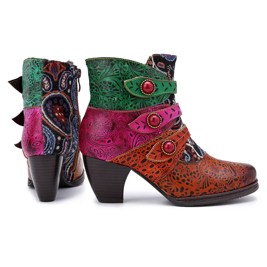 Ботинки женские из натуральной кожи на молнии с принтом квадратном каблуке