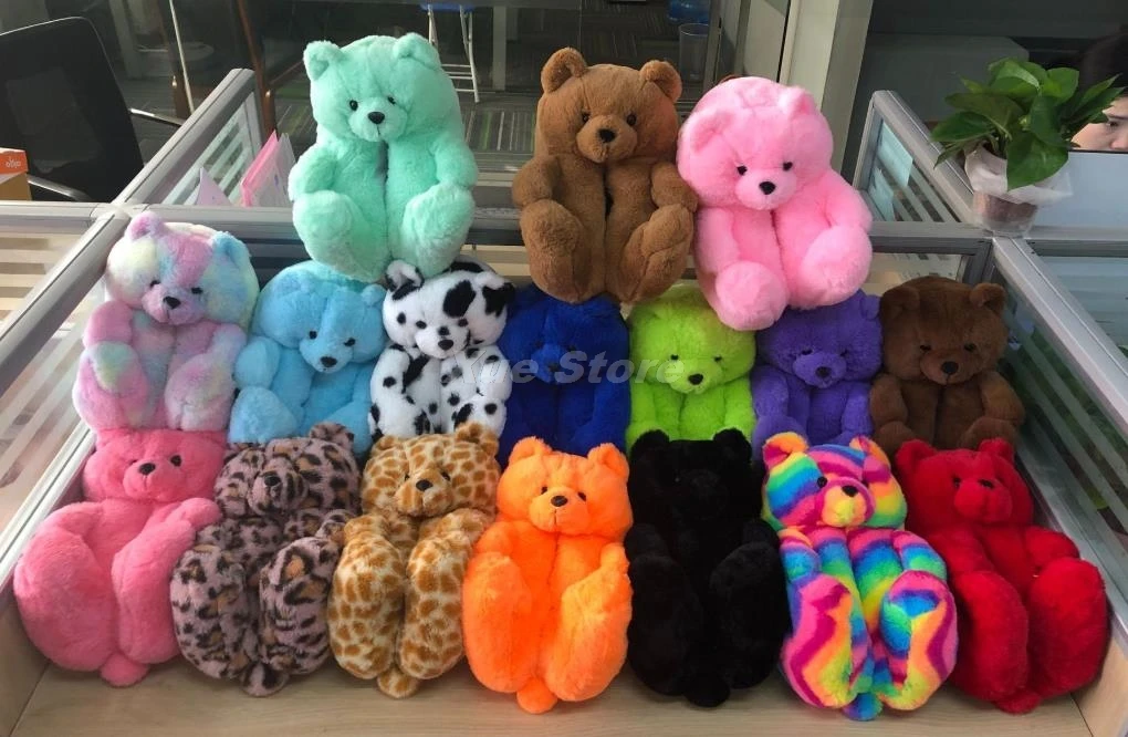 

Women Teddy Bear Plush Slippers Cartoon Cute Bear House Slipper Winter Warm Furry Faux Fur Slides Woman Furry Flip Flop Shoes
