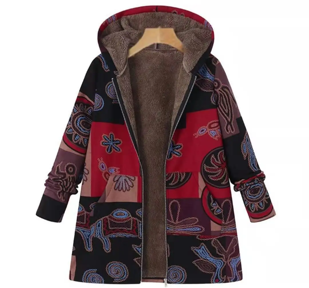 2021 Autumn Velvet Cotton Jacket Zipper Plus Women's Retro Totem National Style Fashion Printed Hooded Warm Winter Jacket Coat