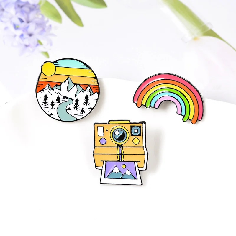 Rainbow sunset горы Ретро фотоаппарат polaroid пленочная лента Творческий брошь мультфильм
