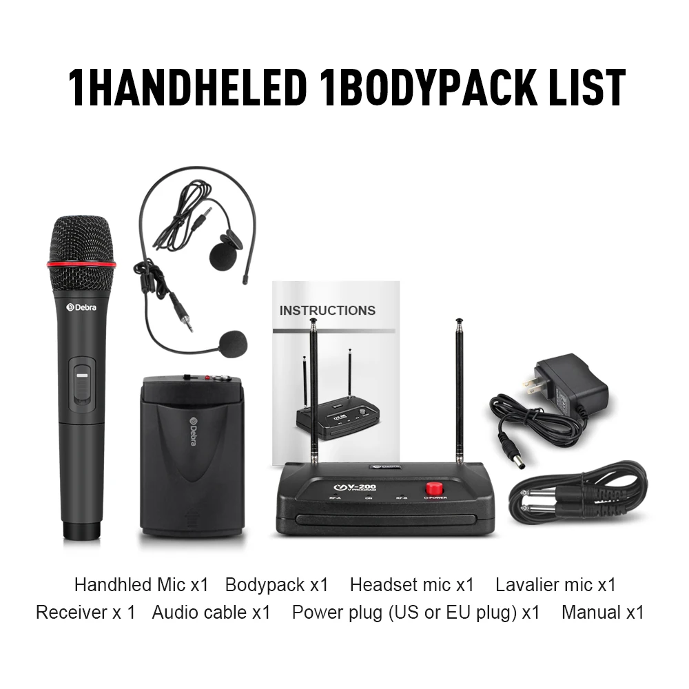Беспроводная микрофонная система Debra Audio V 200 2 канала VHF с 1 ручным и петличным