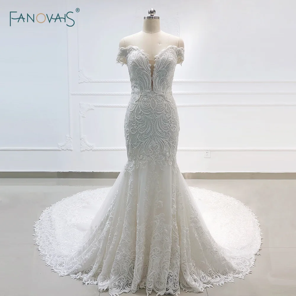 Роскошное кружевное свадебное платье русалки 2020 сексуальное с низким вырезом и