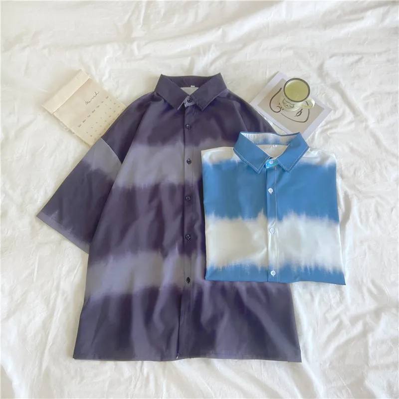 

Summer Women Tie-dye Shirt Turn-down Collar Female Blouse Shirt Casual Short Sleeve Lady Shirts Funny Vintage Womens Girls Shirt