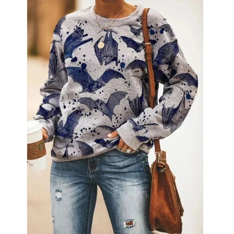 

2021 Gray Bat Print Halloween Sweatshirt Women Pullover Autumn Winter Loose Long Sleeve Crew Neck Sweatshirt Casual Hoodies
