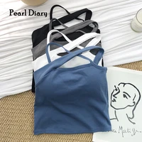 pearl diary women new design crop tops summer solid color one shoulder cross back knit sexy bra tops with inner pad