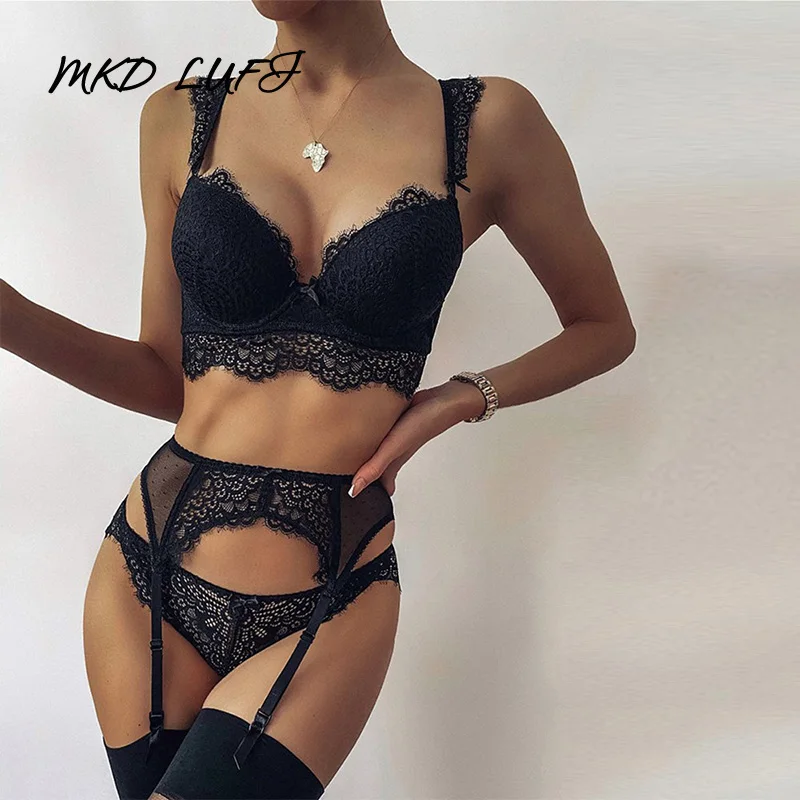 

Eyelash Lace Sheer Mesh Garter Lingerie Set