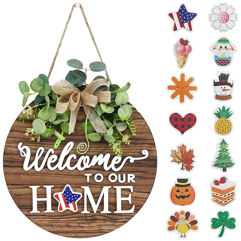 

Interchangeable Seasonal Welcome Sign Front Door Decoration, Rustic Round Wooden Garland Wall Hanging Outdoors