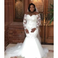 plus size cheap wedding dresses 2023 mermaid off shoulder lace long sleeves african designer lace tulle backless wedding gowns