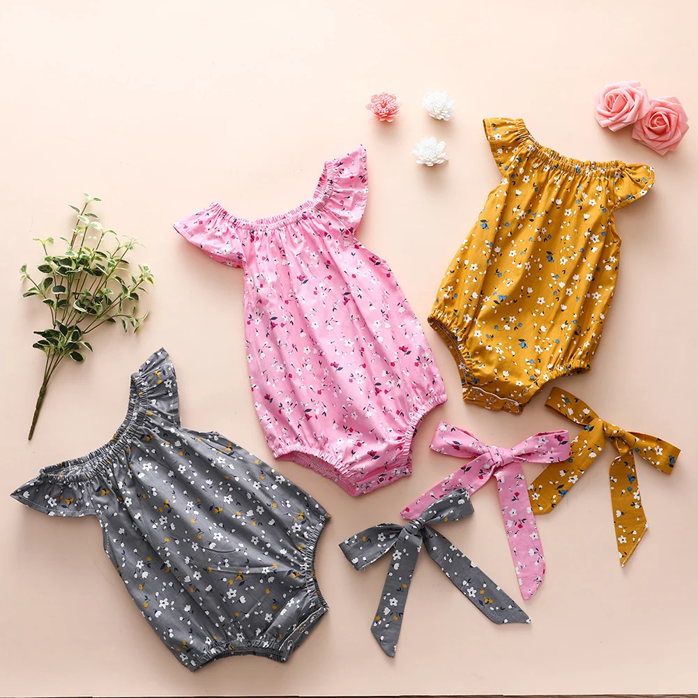 

Summer Newborn Girls Rompers Set Sleeveless Floral Print Romper Jumpsuit With Headband One-Pieces