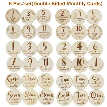 6 Pcs Handmade Baby Milestone Cards Wooden Double-sided Monthly Photocards Newborn Birth Growth Album Photography Props Souvenir 1