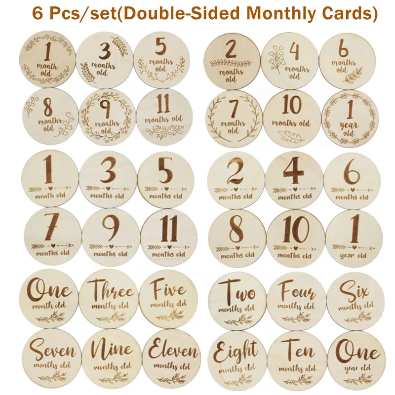Tarjetas de madera hechas a mano para beb&eacute;, fotos mensuales de doble cara, &aacute;lbum de crecimiento de nacimiento para reci&eacute;n nacido, accesorios de fotograf&iacute;a, recuerdo, 6 uds.-0