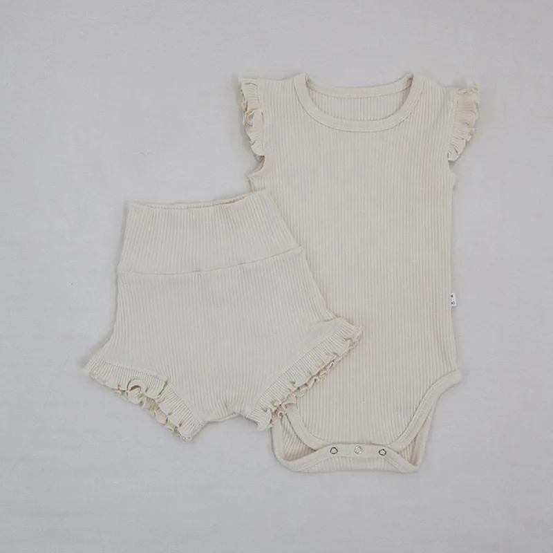 

Ribbed Infant Baby Girls Clothing Set 2021 Summer Cute Ruffles Sleeve Romper+Shorts Pant 2pcs Korean Newborn Baby Outfits Suits