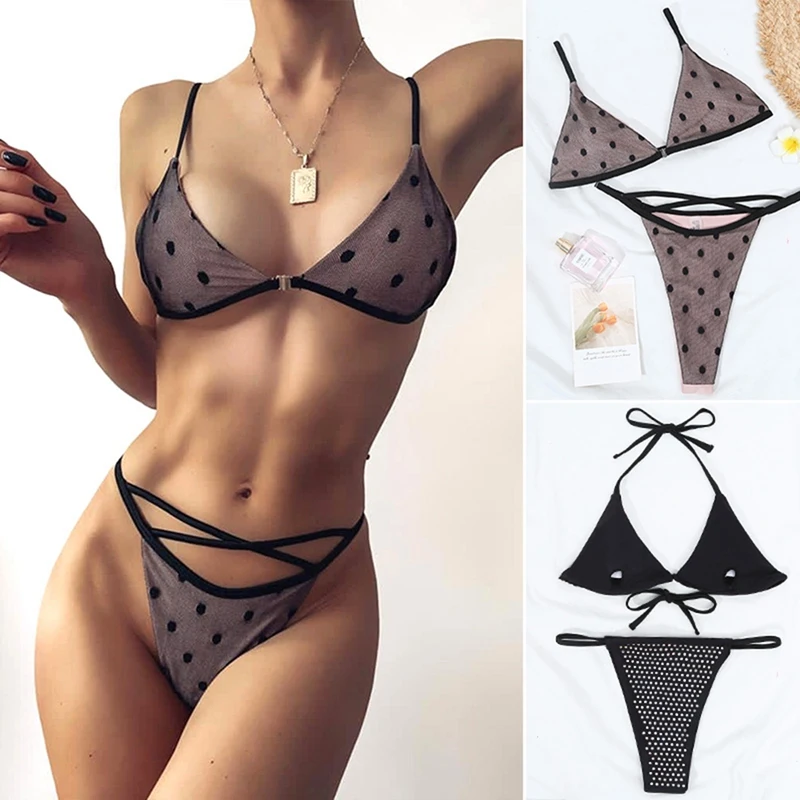 

Transparent Bikini Women'S Sexy Mesh Polka Dot Bikini Cup Bandage Swimsuit Set Swiming Suit