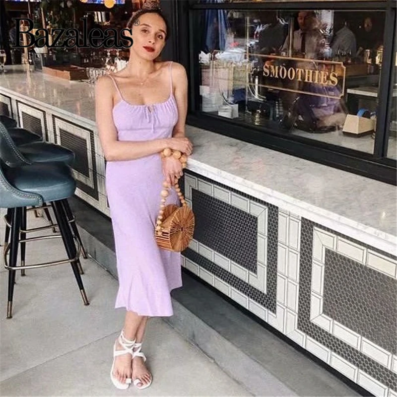 Винтажное платье-миди Bazaleas на бретелях-спагетти французское зеленое летнее