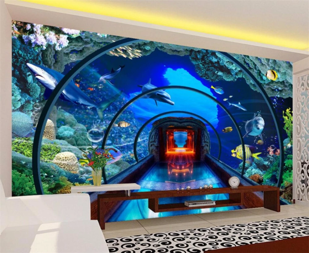 Большие настенные обои Beibehang Подводный мир аквариума 3D Стерео ТВ задний фон декоративная живопись для дома.