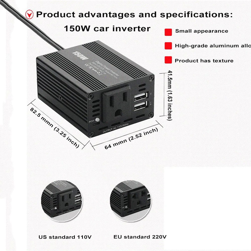 

Car Inverter 150W DC 12V Car Power Inverter Sine Wave Car Inverter Power Converter Dual USB Car Power Supply Auto Power Adapter