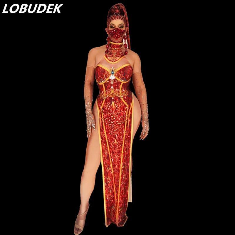 

Платье-Ципао с высоким разрезом и открытой спиной, красное, винтажное