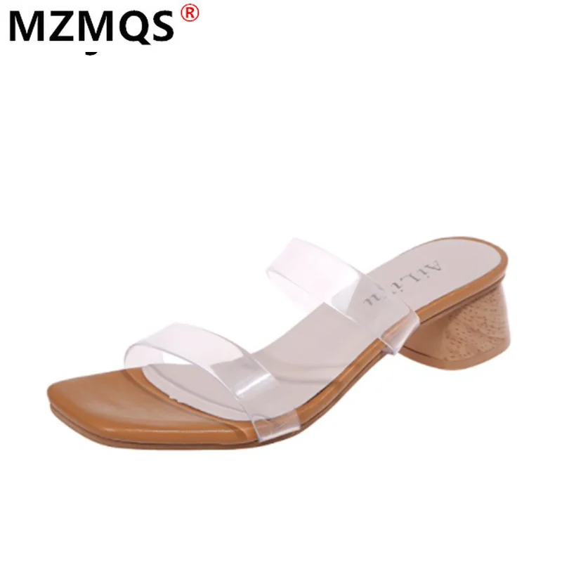 

2021 Summer Women's Shoes Fashion Transparent Outdoor Round Heel Sandals Comfortable Beach Square Heel Open Toe Women Slipper