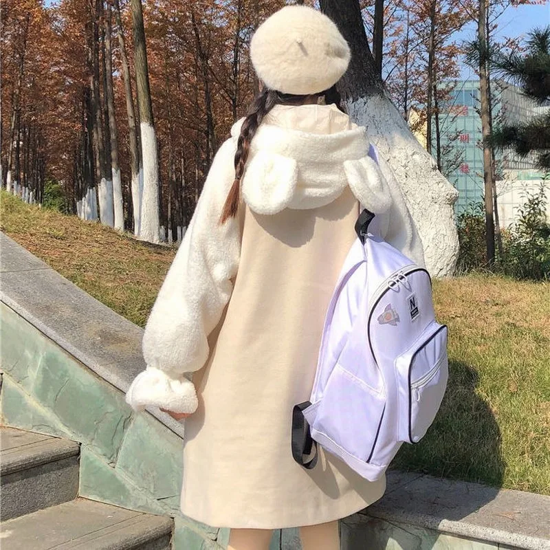 

Autumn/Winter Japanese Cute Kawaii Lolita Girl Woolen Coat Preppy Gentle Fairy Bunny Ears JSK Uniform Girl Pink Coats Jackets