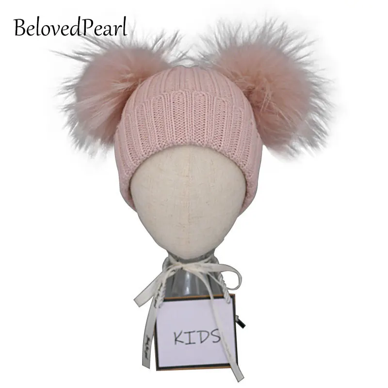 Зимняя шапка От 6 месяцев до 3 лет с меховым помпоном для детей Вязаная Шапка бини