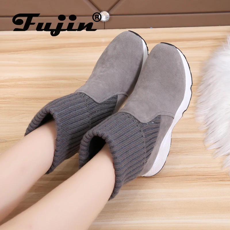 Fujin/женские ботинки с перевернутым краем Плюшевые теплые вязаные носки Обувь на