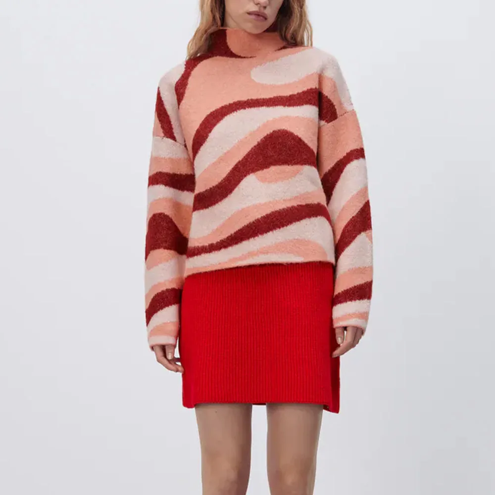 

Женский жаккардовый свитер Za, Вязаный топ с высоким воротом, повседневный модный Свободный пуловер в полоску в стиле ретро, осень 2021