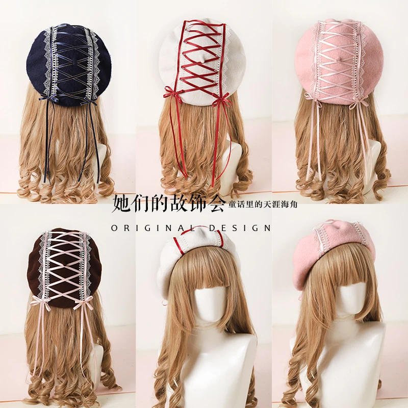 

2019 New Japanese The Grid Bowknot Berets Cosplay Cute Sweet Lolita Hat Fall and Winter Style Free Shipping B