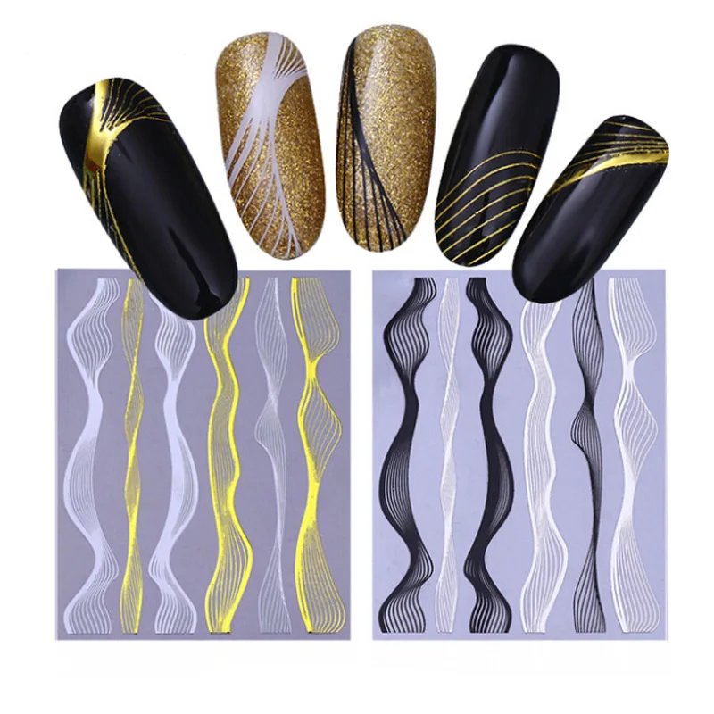 

Nail Art Decorations Multi-size Lines Adhesive Transfer Sticker Black Silver Gold 3D Nail Sticker Metal Wave Strip Manicure