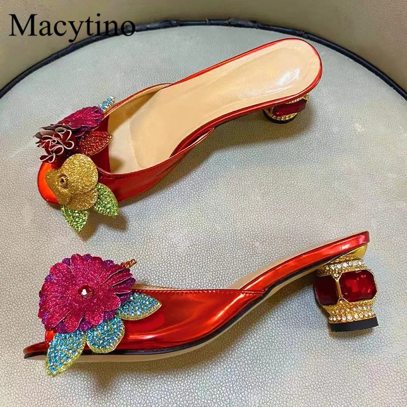 Flower decoration ladies high-heel slippers sequins rhinestone decoration glass-heel slippers fashion party slippers