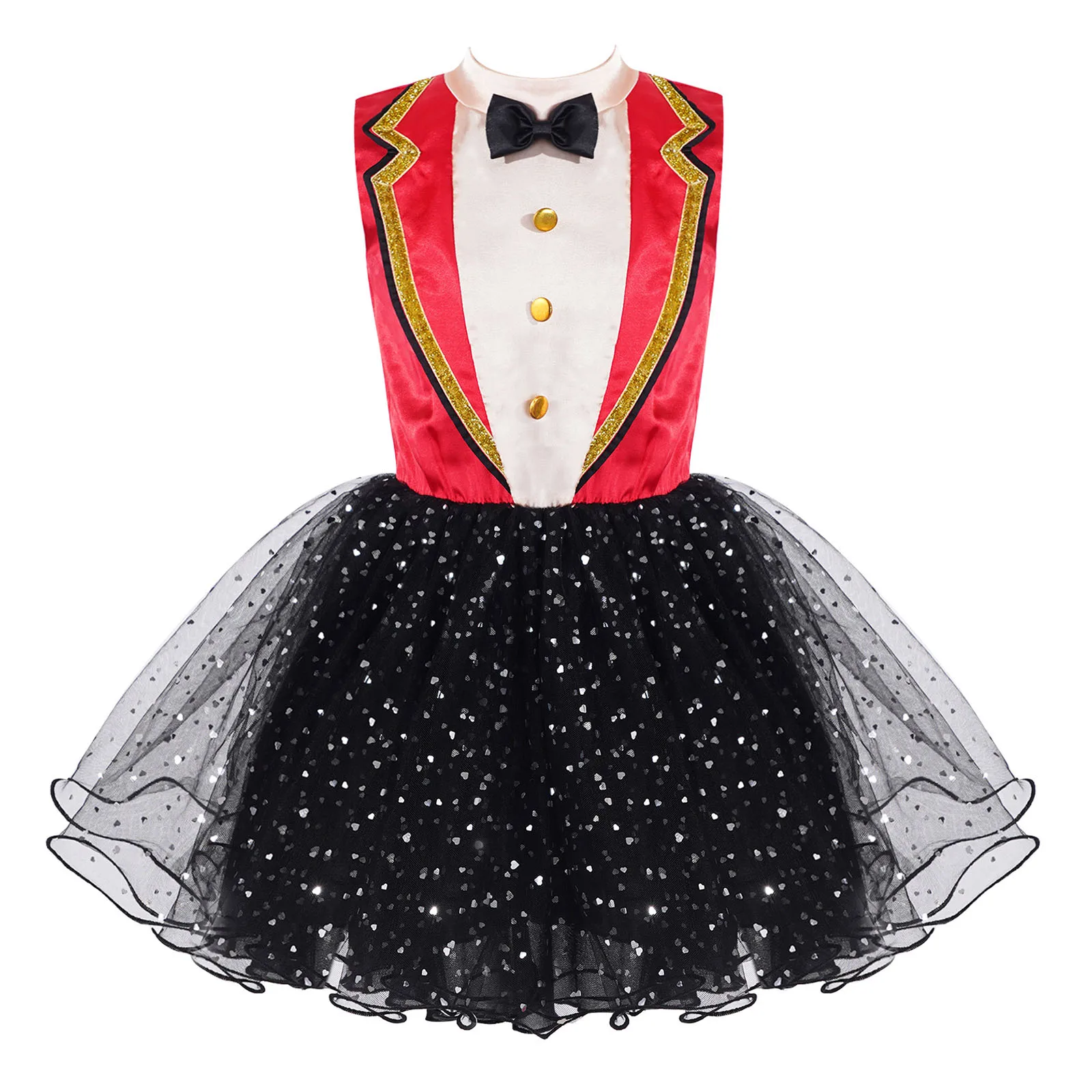

Circus Ringmaster Cosplay Costumes for Kids Girls Mock Neck Vest Bodice Sparkly Hearts Applique Adorned Mesh Tutu Dance Dress