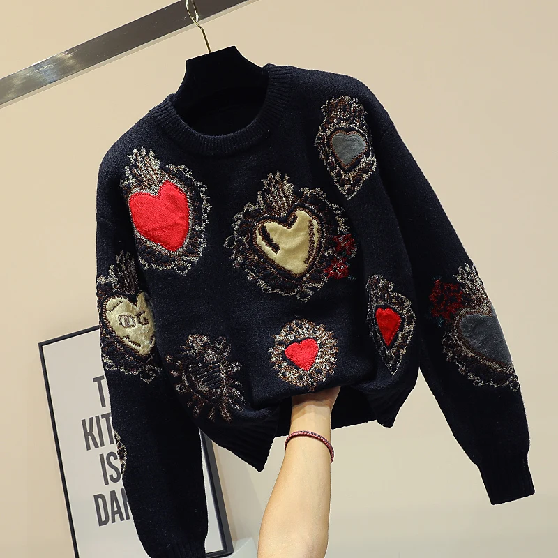 2020 Elegant Sweater Women Casual Fashion Warm Loose Sweaters and Pullovers Love Embroidery Knit Jumper Sueter Mujer Hot | Женская