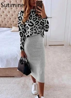 suits with skirt leopard womens skirt dress sets mid calf elastic waist womens suit office lady slim skirt suits for women2021