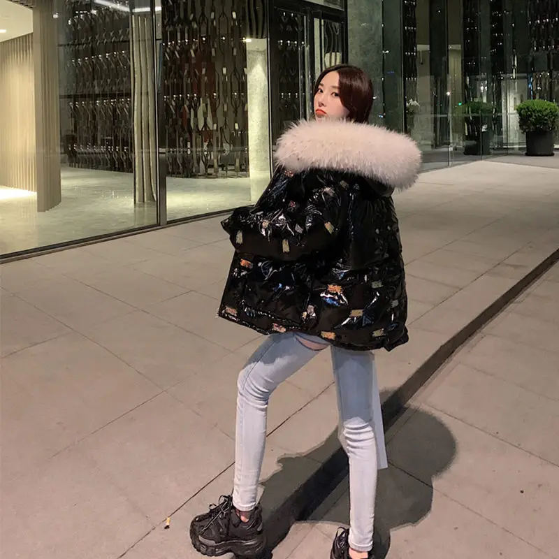 

Large Fur Collar Disposable Sequins Shiny Down Padded Jacket Women 202 New Style Korean Loose Mid-length