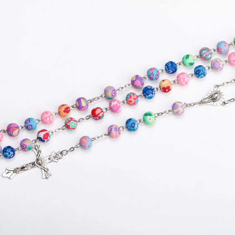 

900A Religious Rosary Necklace Cross Crucifix Pendant Christian Catholic Multicolor Polymer Clay Prayer Beads Chain Jewelry