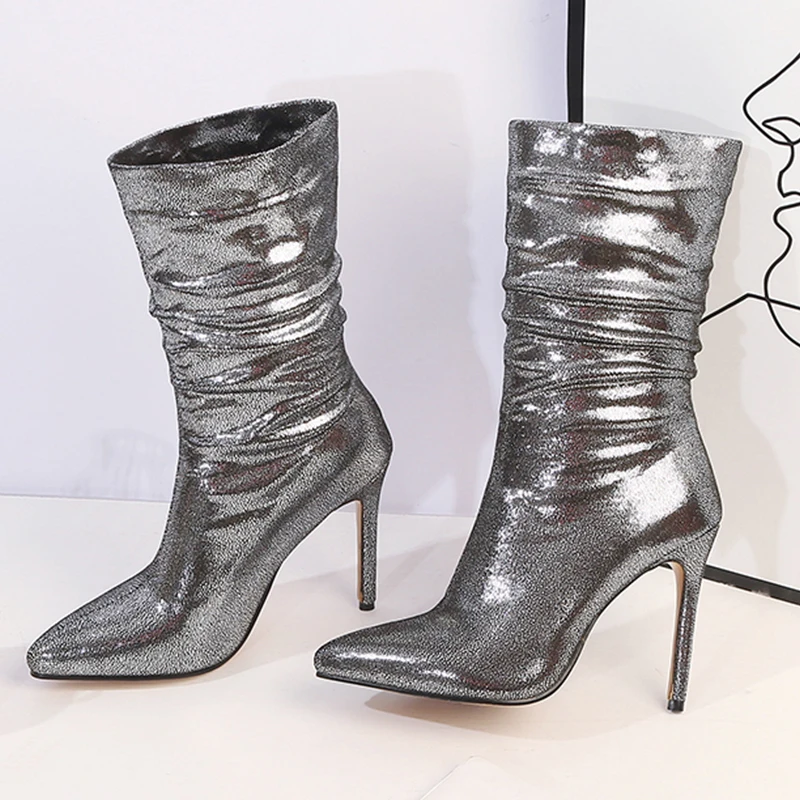 

Big Size Women Modern Boots Winter Furry High Heels Shoes Female Pointed Toe Thin Heels Slip On Shoes Ladies Mid-Calf Boots