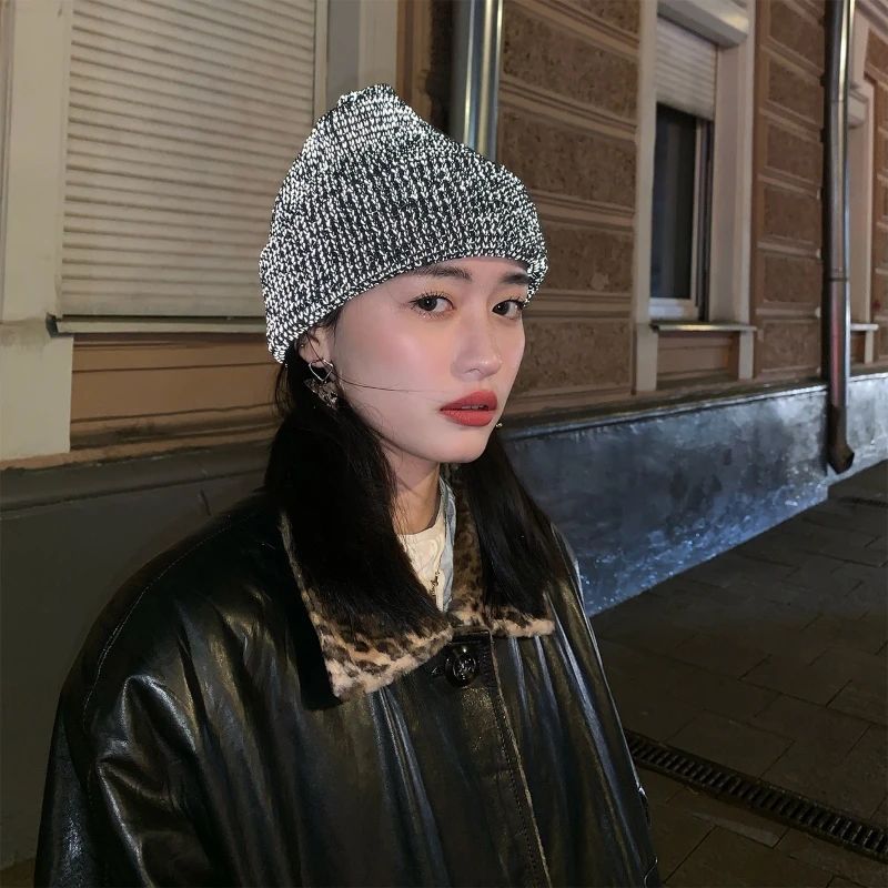 

Women Men Reflective Knitted Beanie Hat Winter Warm Night Running Cycling High Visibility Safety Harajuku Hip Hop Cuffed Cap