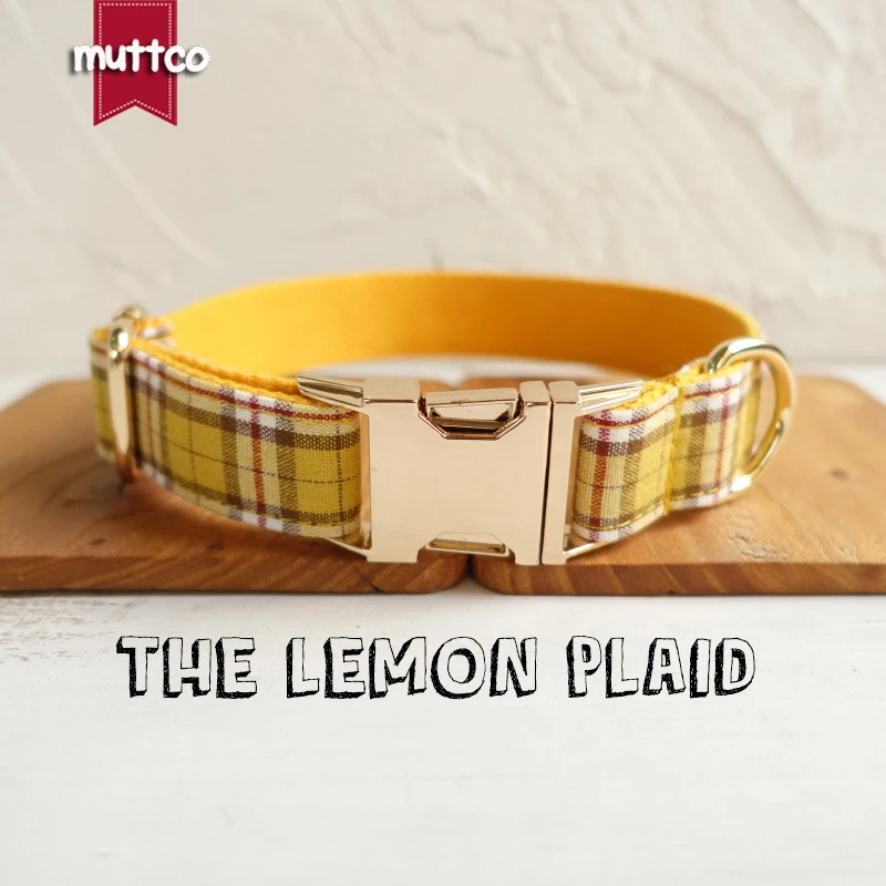 

10pcs/lot MUTTCO stout durable soft dog collars handmade bow-tie dog collars THE LEMON PLAID 5 sizes collar leash set UDC057J