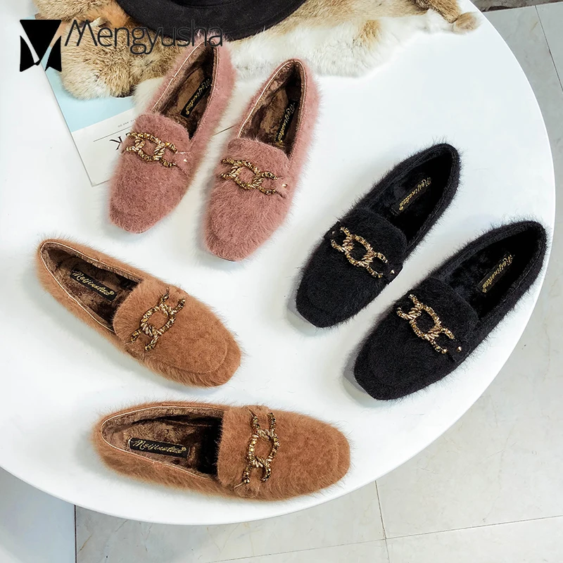 Женская зимняя обувь на плоской подошве из меха норки женские плюшевые Мокасины