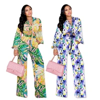 sexy ladies suit navel lace up top straight pants 2 piece set printed casual africa womens 2022 spring blue loose pants set