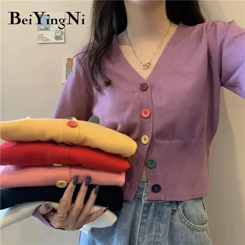 

Beiyingni Women Sexy Kawaii Sweaters Candy Colors Buttons Cropped Top for Girls Cardigan V-neck Knitwear Jumper Female Pullovers