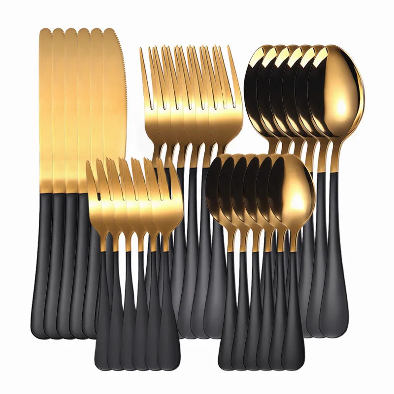 Home Tableware Black Gold Cutlery Set Stainless Steel Western Cutlery Set 30 Pieces Forks Knives Spoons Dinnerware Set Gold