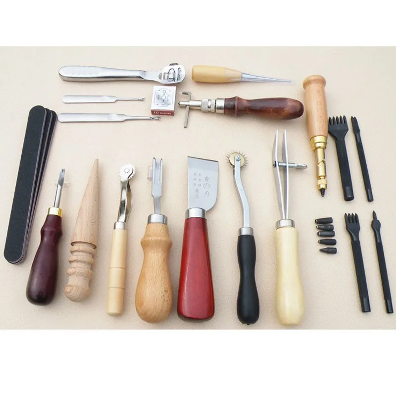 

18 Pieces/Set Leather Craft Tool Punch Kit Stitching Carving Working Sewing Saddle Groover DIY Drilling Grinding Needle Buckle