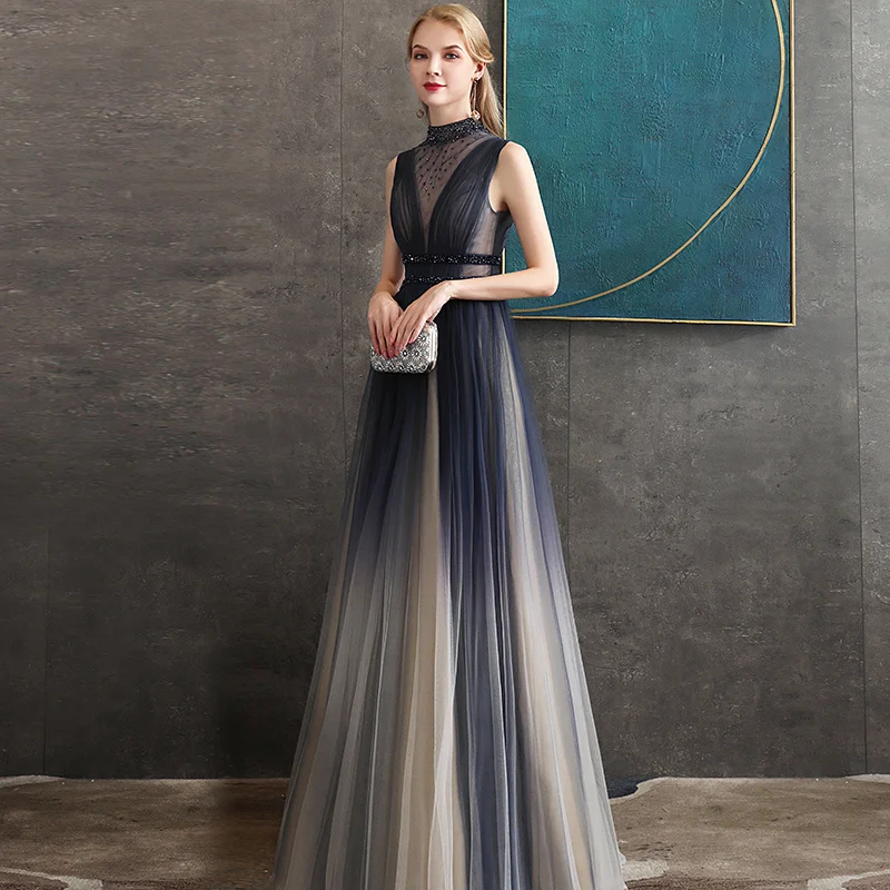 

2021 New Black Beading Tulle Evening Dresses Long Illusion Backless Evening Gown Elegant O-Neck A-Line Formal Banquet Prom Dress