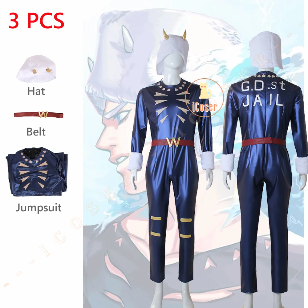 

JOJO Weather Report Cosplay Costume Stone Ocean Bizarre Adventure Jumpsuit Weather Forecast Pucci Wes Bluemarine Blue Bodysuit